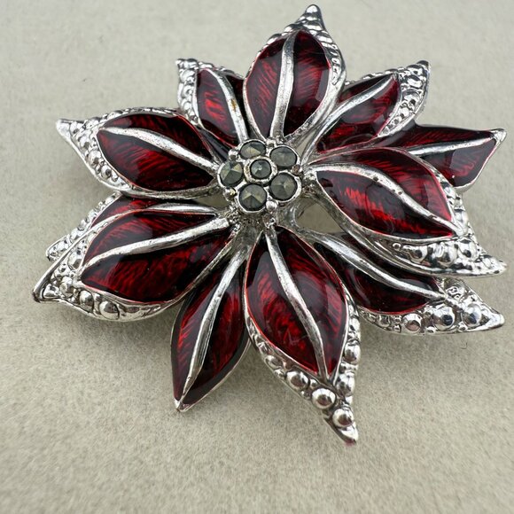 Red & Silver-Tone Poinsettia Brooch With Enamel Petals & Rhinestone Accents - Picture 2 of 4